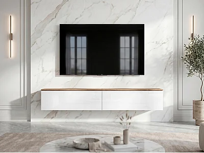 AX LIVING Barvo 2x100 TV Kommode Lowboard Braun/Weiß Hochglanz Hängend
