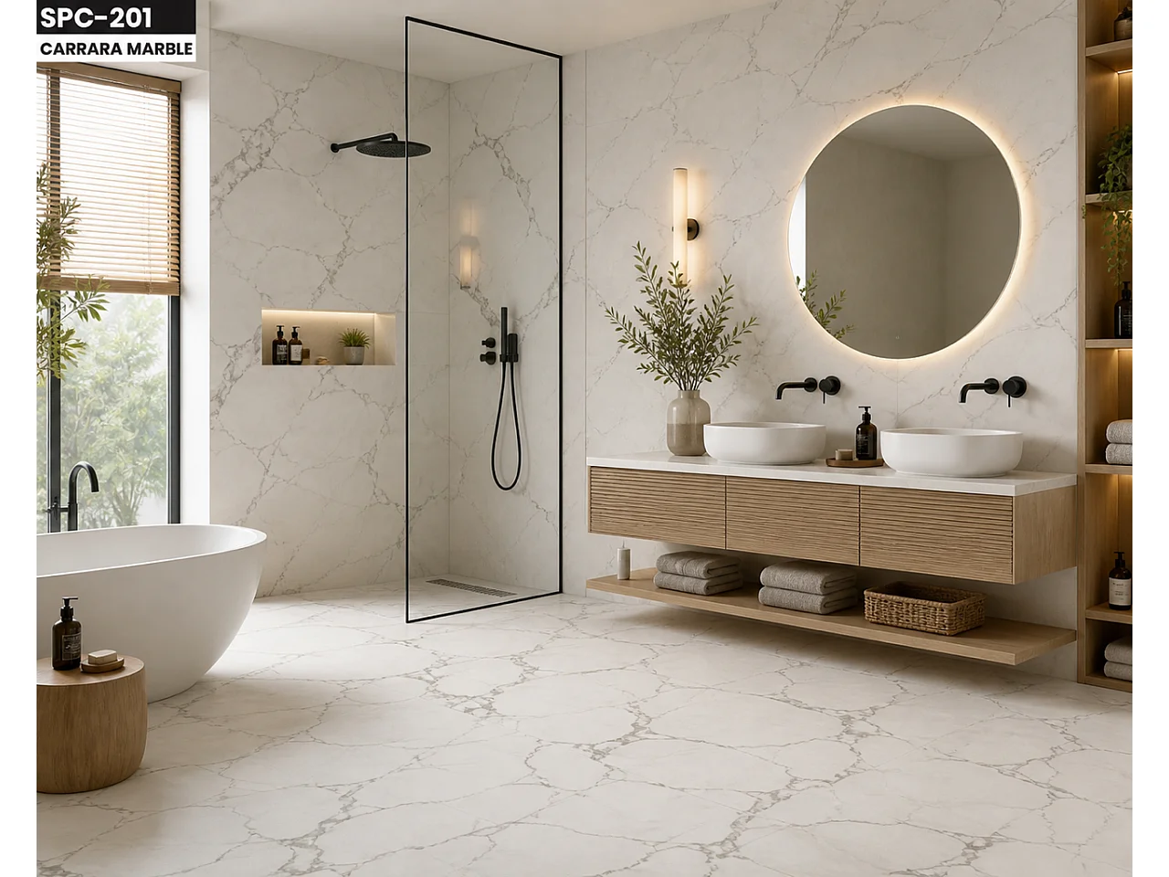 SPC Plaque effet Marbre Mat Carrara 260x122 cm - Revêtement mural et sol étanche SPC-201