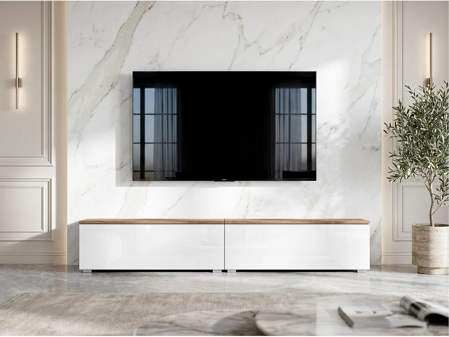 AX LIVING Meuble TV Barvo 2x100 cm Marron/Blanc Brillant Sur Pieds