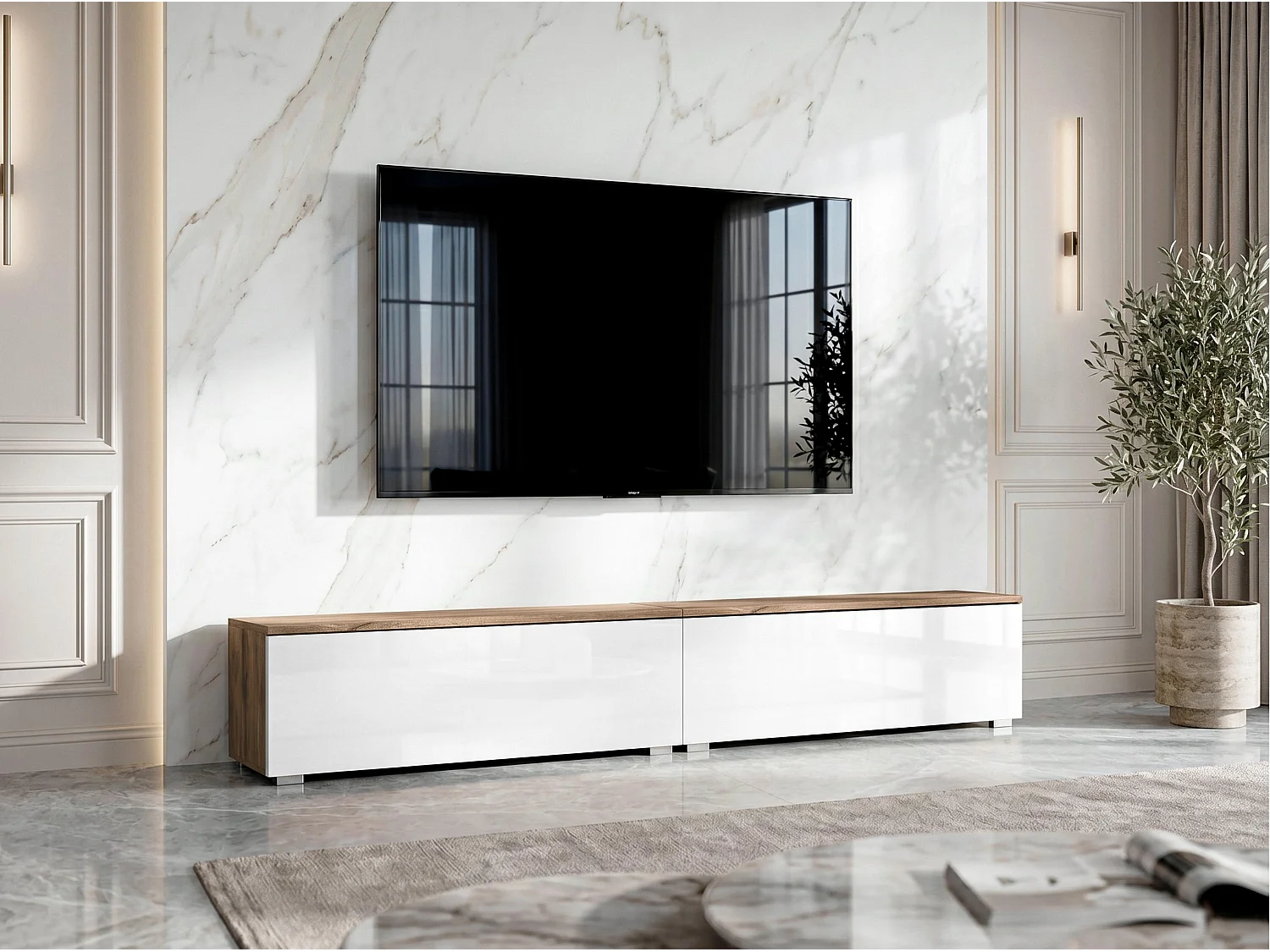 AX LIVING Meuble TV Barvo 2x100 cm Marron/Blanc Brillant Sur Pieds