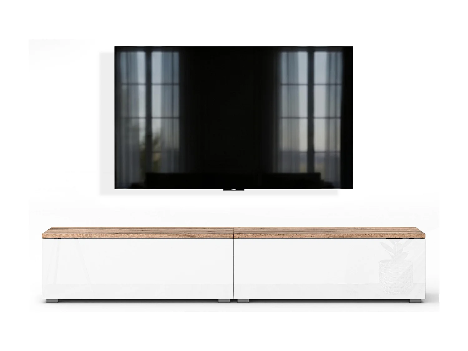 AX LIVING Meuble TV Barvo 2x100 cm Marron/Blanc Brillant Sur Pieds