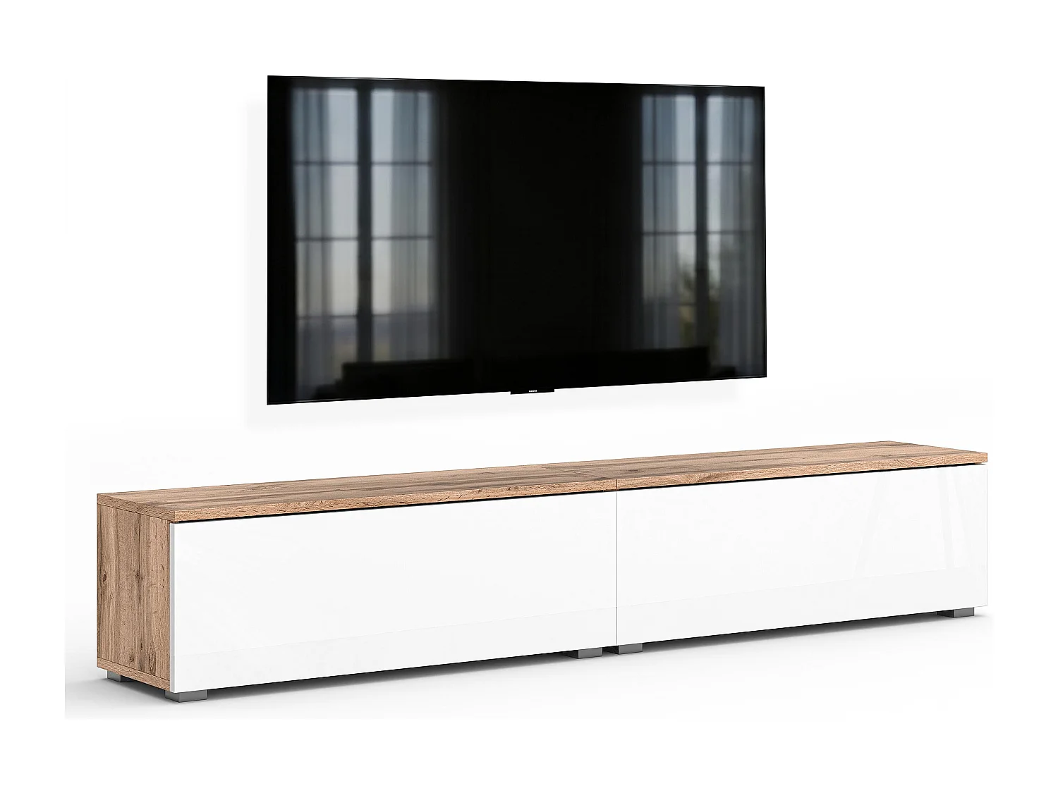 AX LIVING Meuble TV Barvo 2x100 cm Marron/Blanc Brillant Sur Pieds