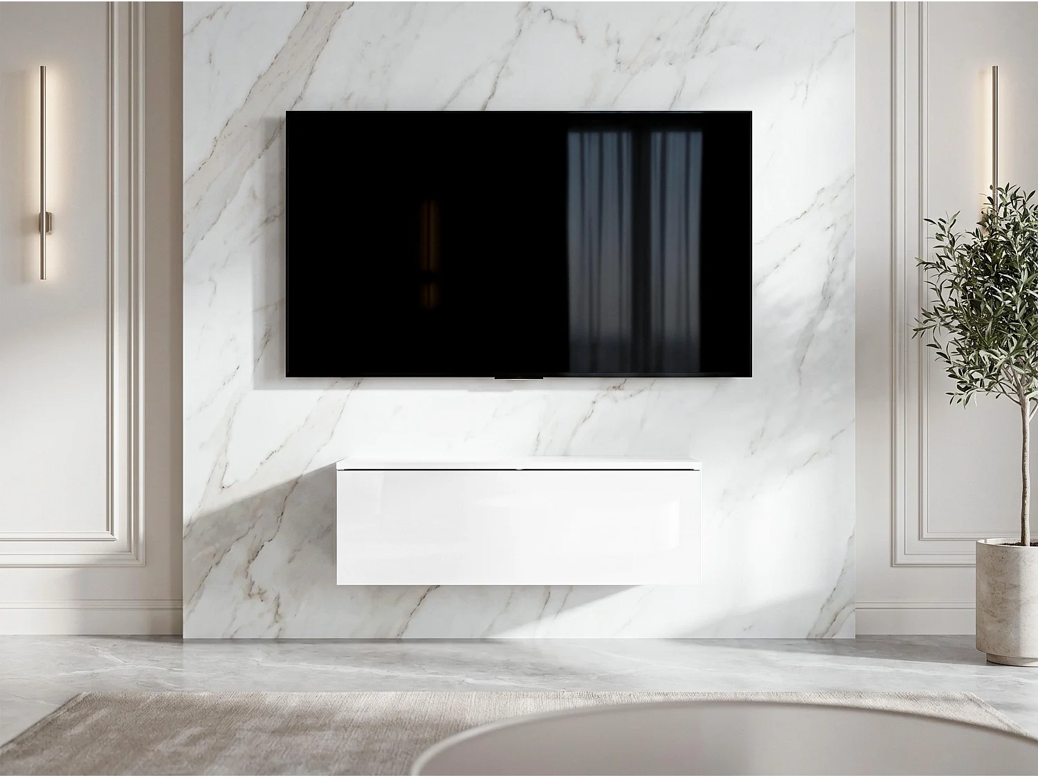 AX LIVING Meuble TV Barvo 100 cm Blanc Mat/Brillant Suspendu