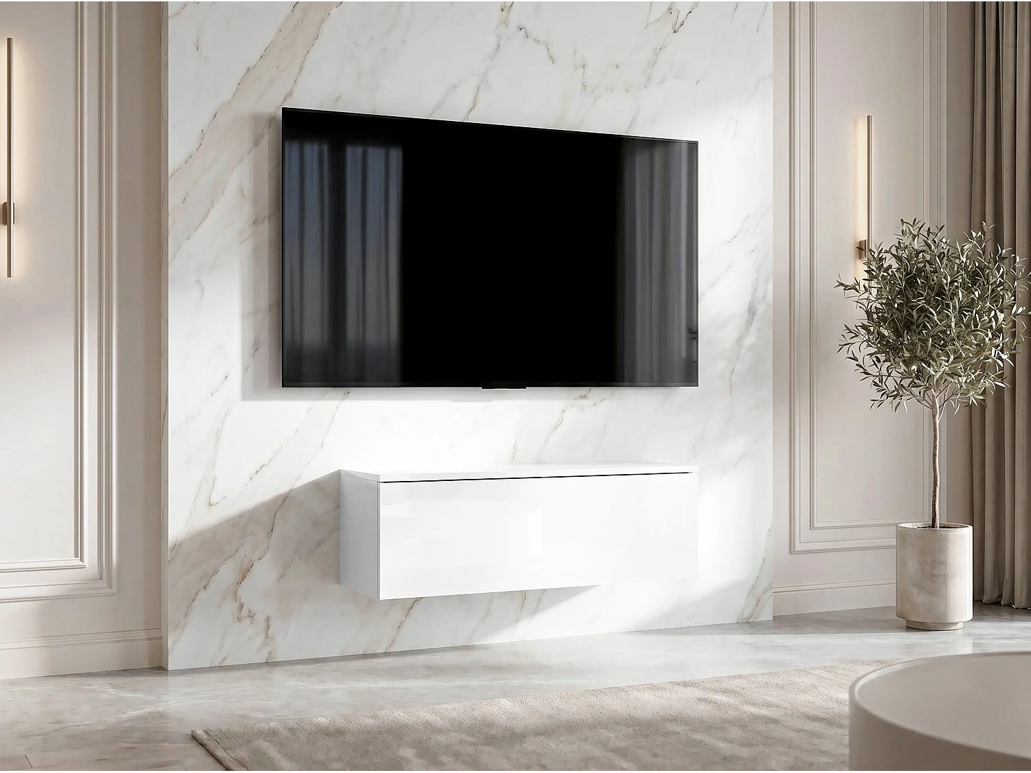 AX LIVING Meuble TV Barvo 100 cm Blanc Mat/Brillant Suspendu