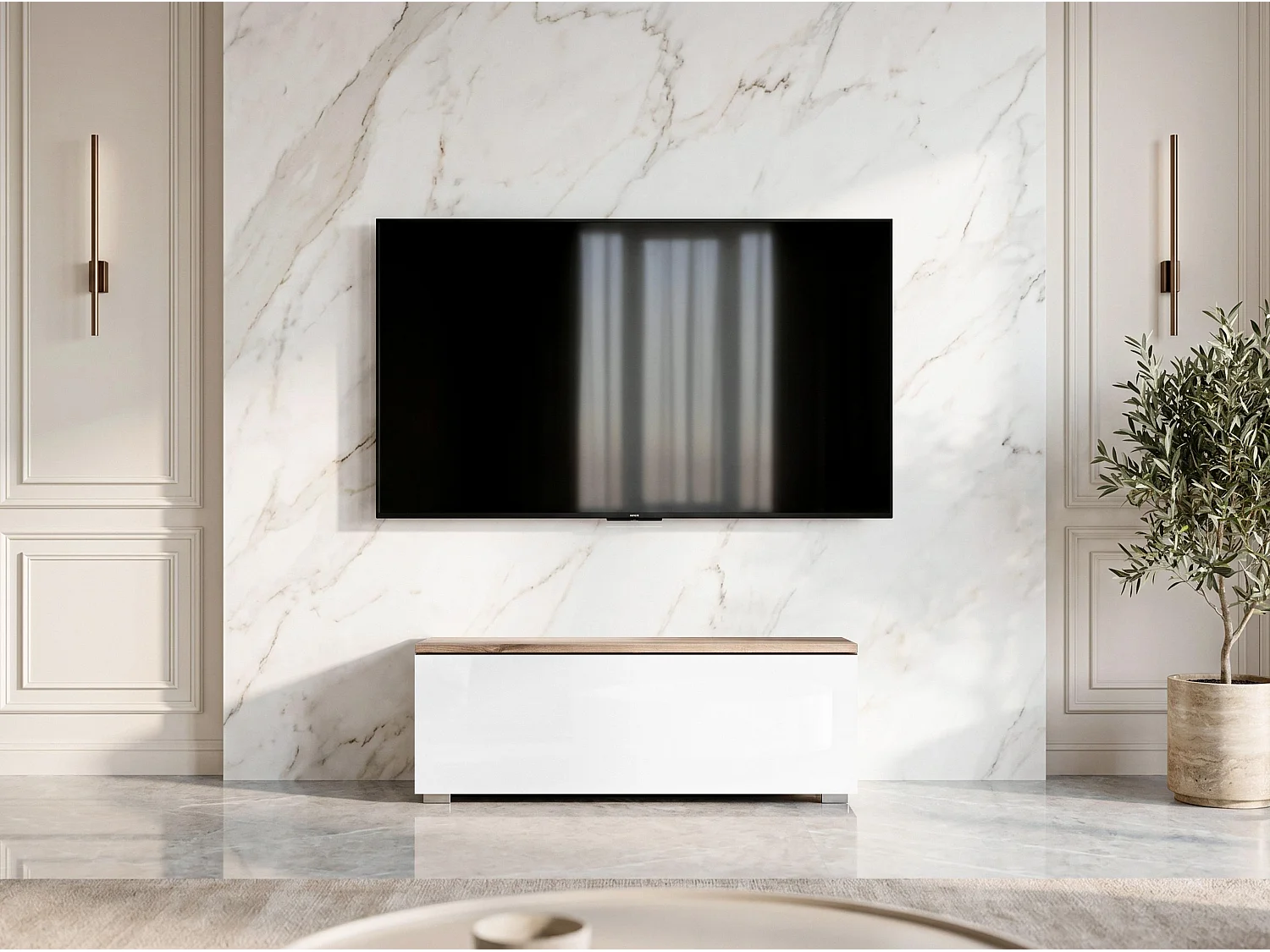 AX LIVING Meuble TV Barvo 100 cm Marron/Blanc Brillant Sur Pieds