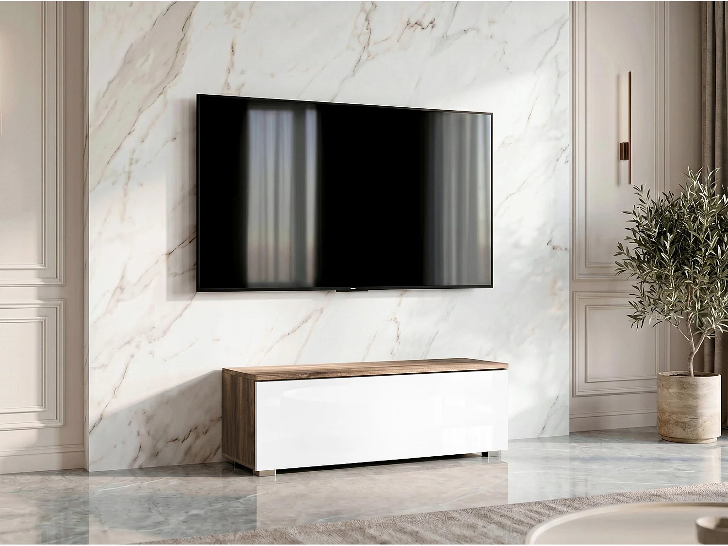 AX LIVING Meuble TV Barvo 100 cm Marron/Blanc Brillant Sur Pieds