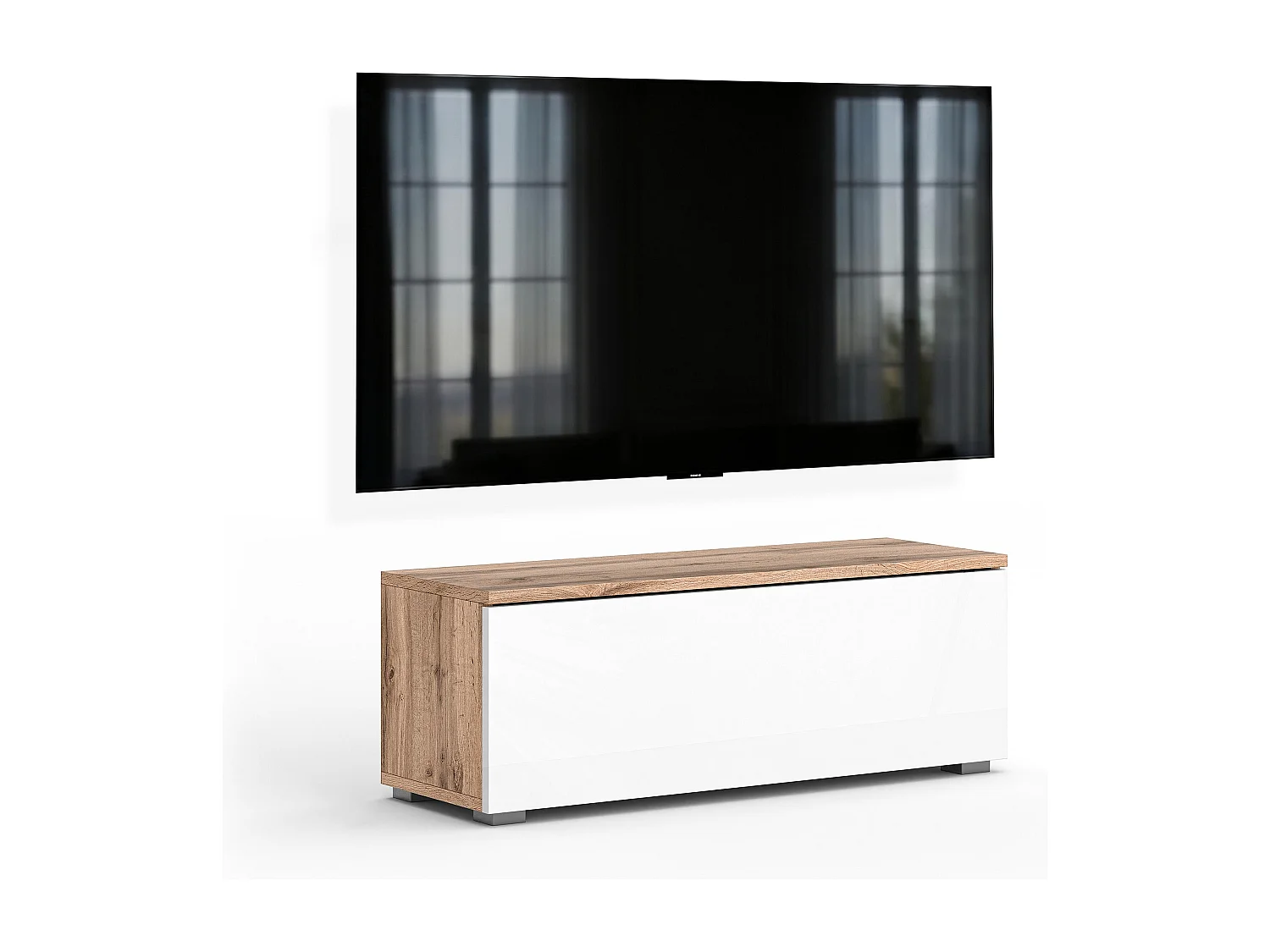 AX LIVING Meuble TV Barvo 100 cm Marron/Blanc Brillant Sur Pieds