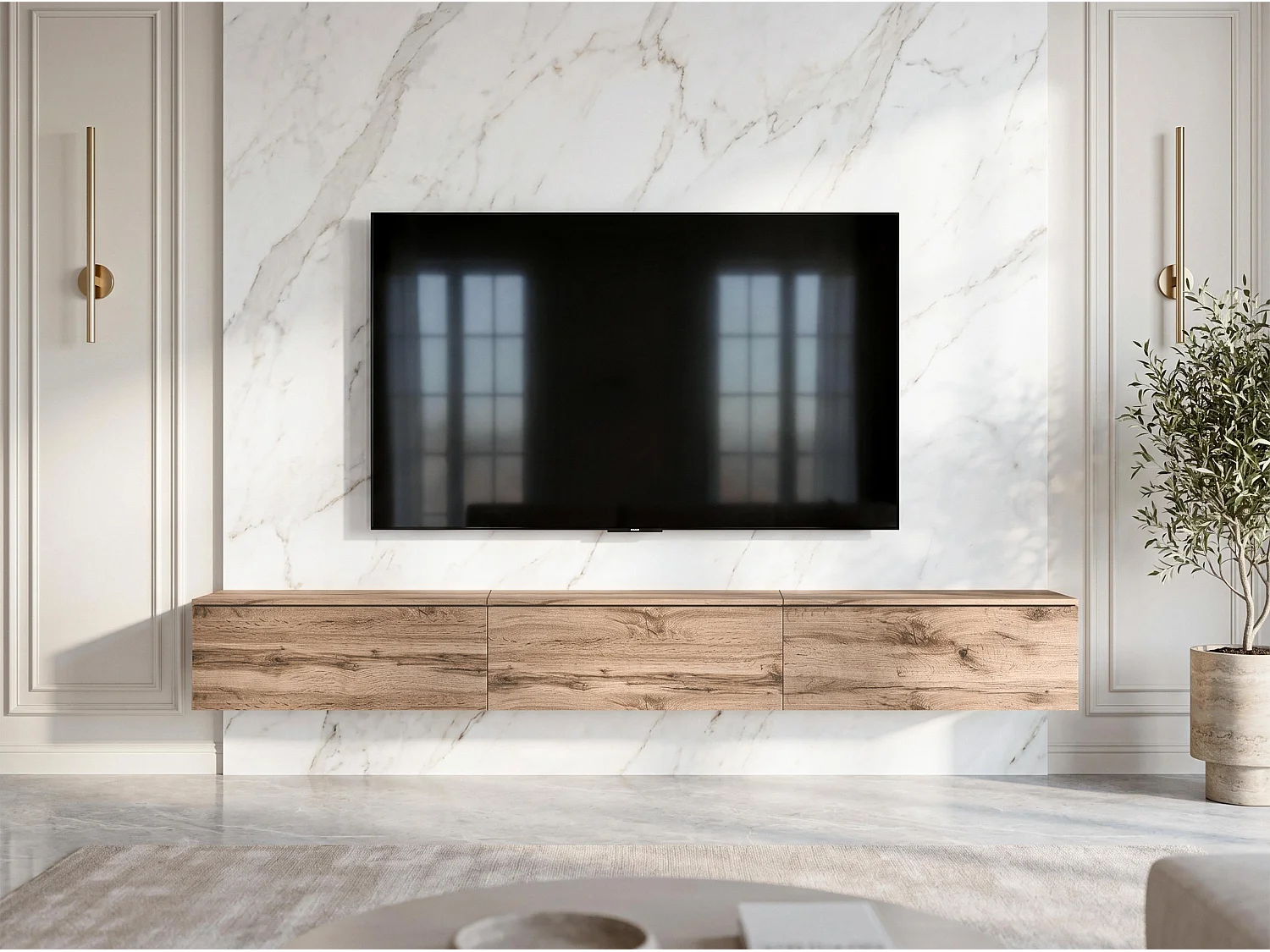 AX LIVING Meuble TV Barvo 3x100 cm Marron Chêne Wotan Suspendu