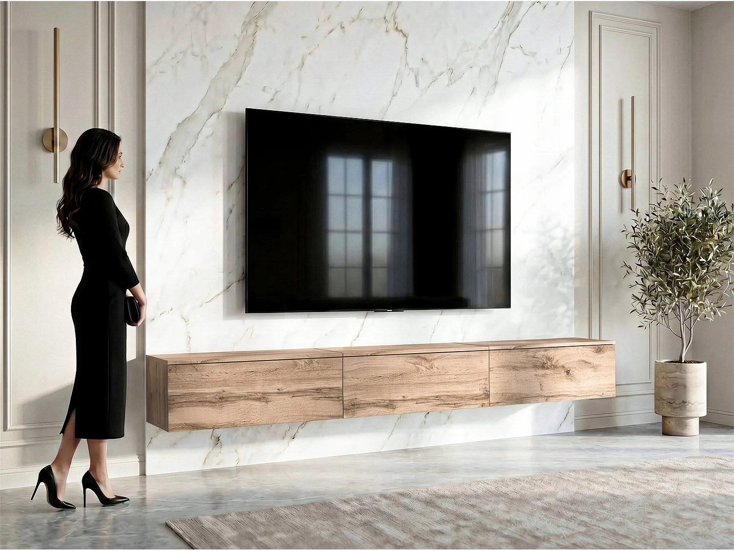 AX LIVING Meuble TV Barvo 3x100 cm Marron Chêne Wotan Suspendu