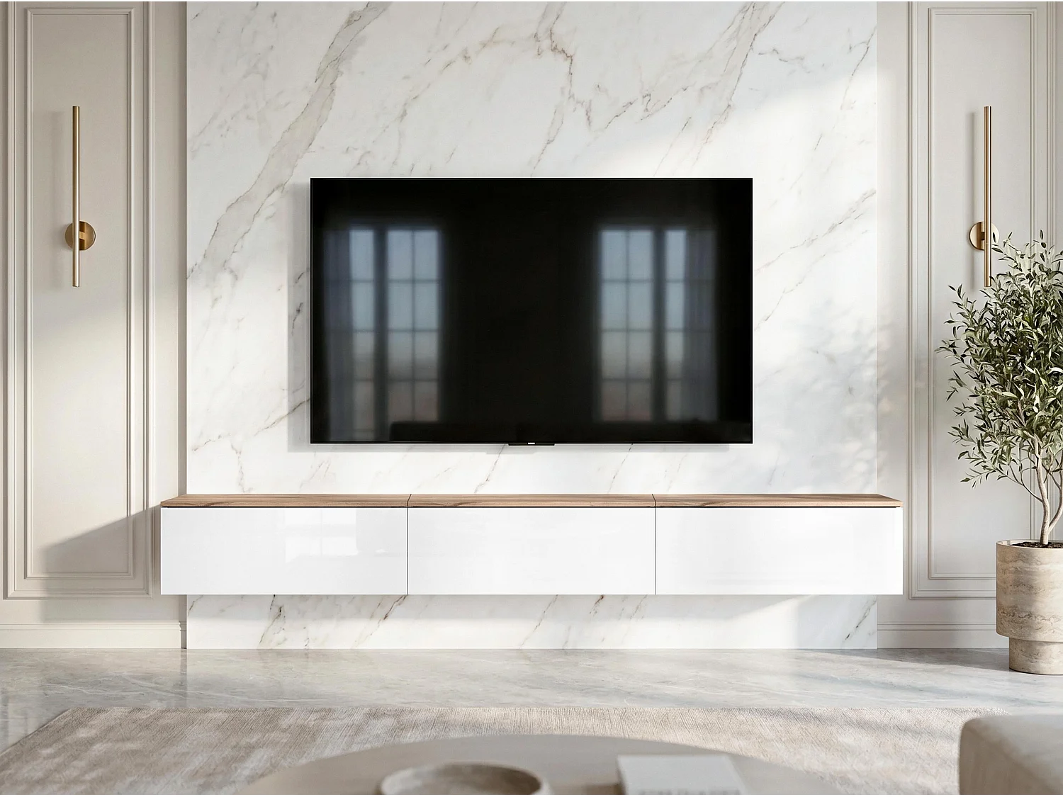 AX LIVING Meuble TV Barvo 3x100 cm Marron/Blanc Brillant Suspendu