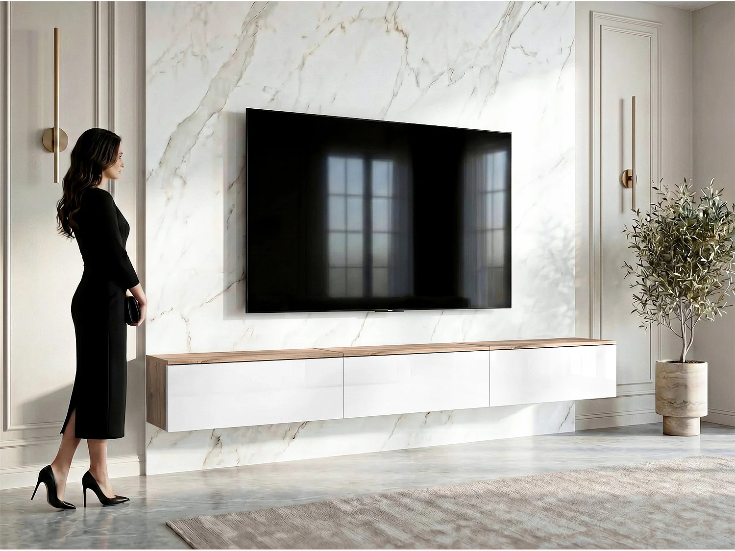 AX LIVING Meuble TV Barvo 3x100 cm Marron/Blanc Brillant Suspendu