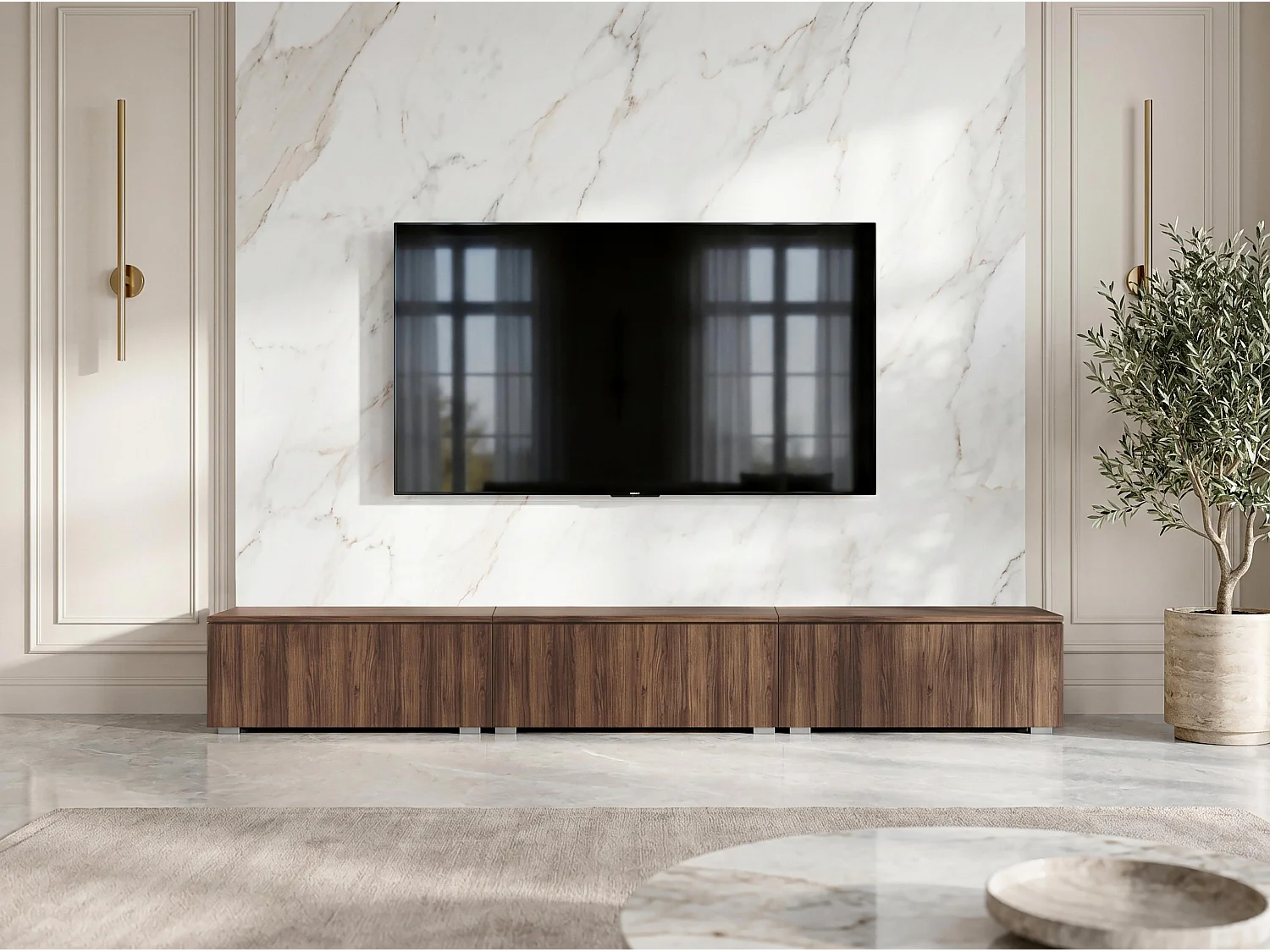 AX LIVING Meuble TV Barvo 3x100 cm Marron Foncé Noyer Warmia Sur Pieds