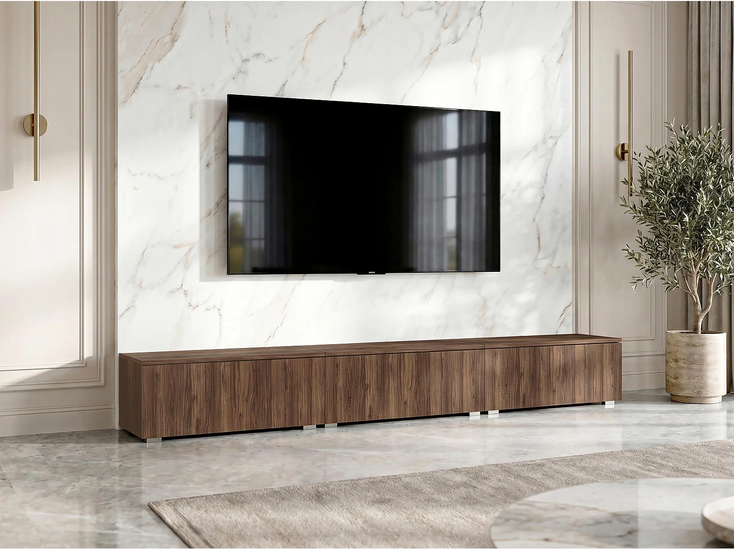 AX LIVING Meuble TV Barvo 3x100 cm Marron Foncé Noyer Warmia Sur Pieds