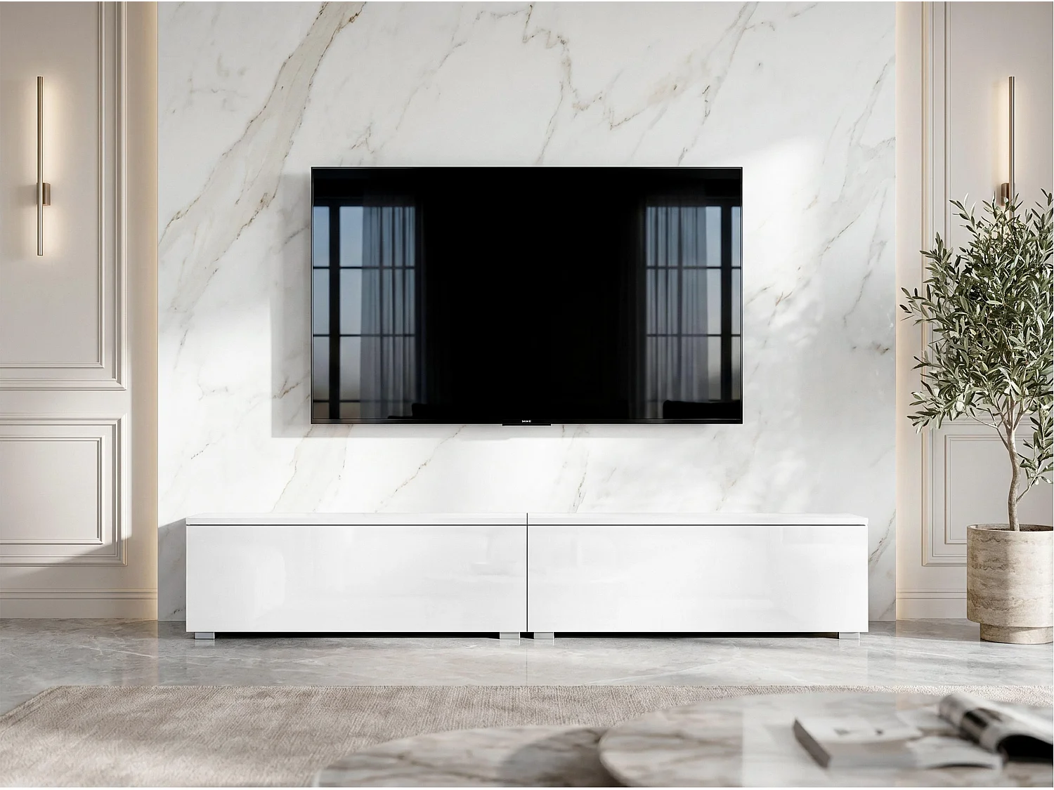 AX LIVING Meuble TV Barvo 2x100 cm Blanc Mat/Brillant Sur Pieds