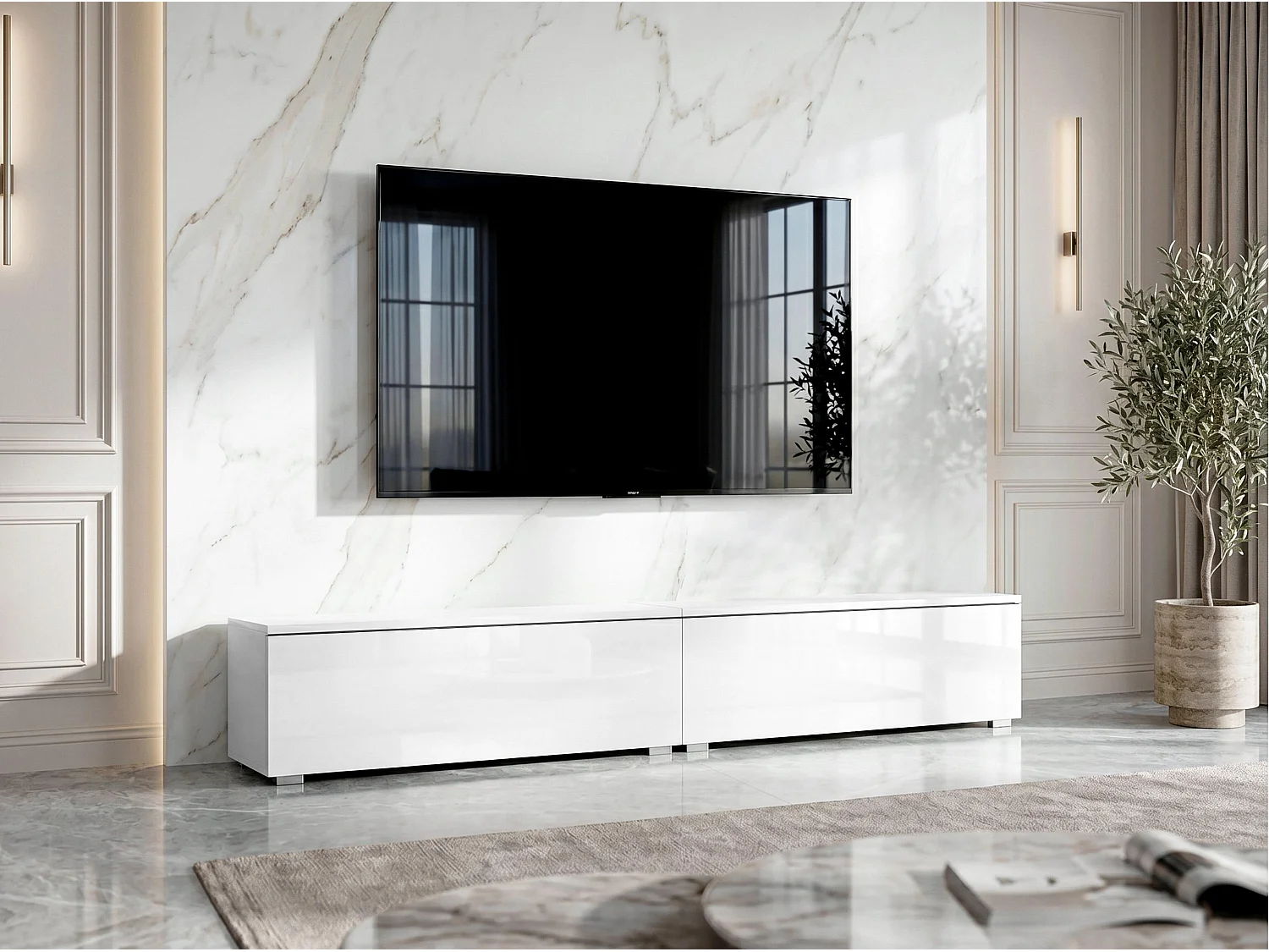 AX LIVING Meuble TV Barvo 2x100 cm Blanc Mat/Brillant Sur Pieds