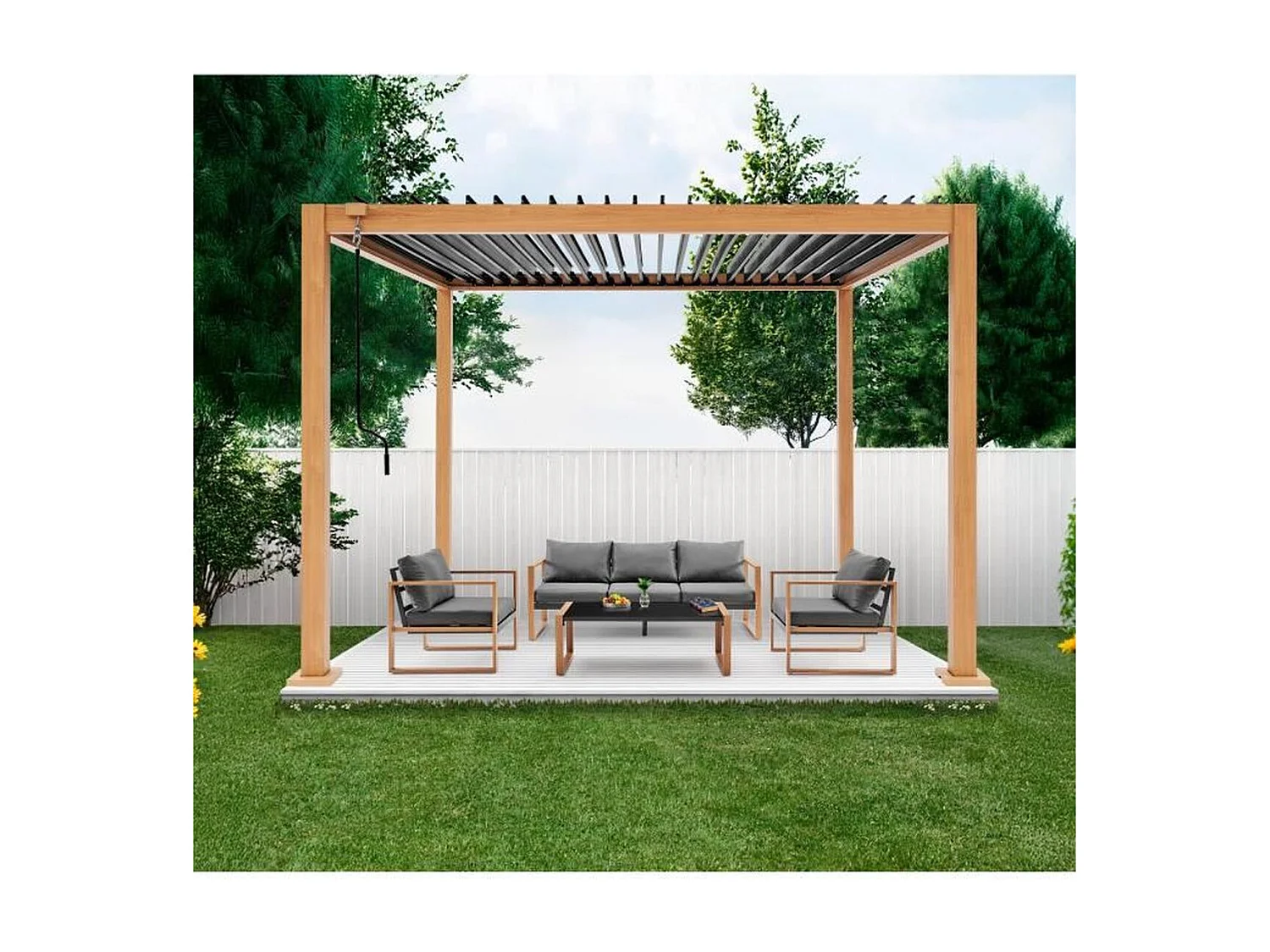 Pergola bioclimatique GAYA 300 x 300 x 240 cm - Aluminium, lames acier réglables, aspect bois