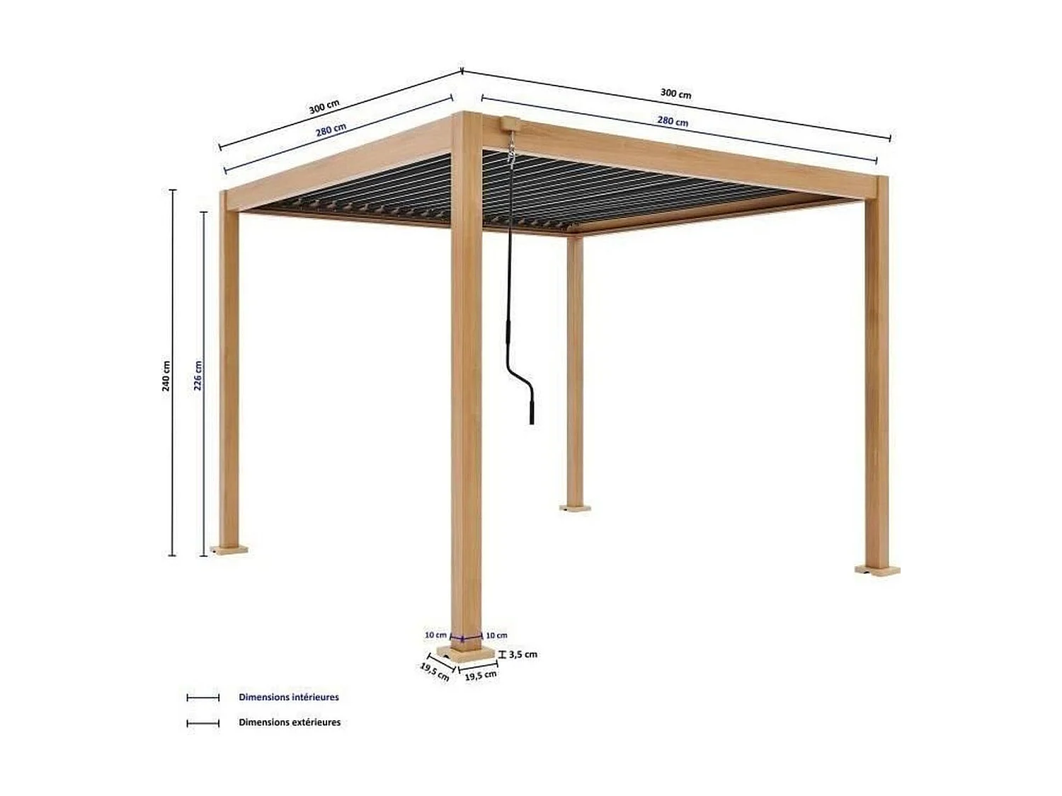 Pergola bioclimatique GAYA 300 x 300 x 240 cm - Aluminium, lames acier réglables, aspect bois