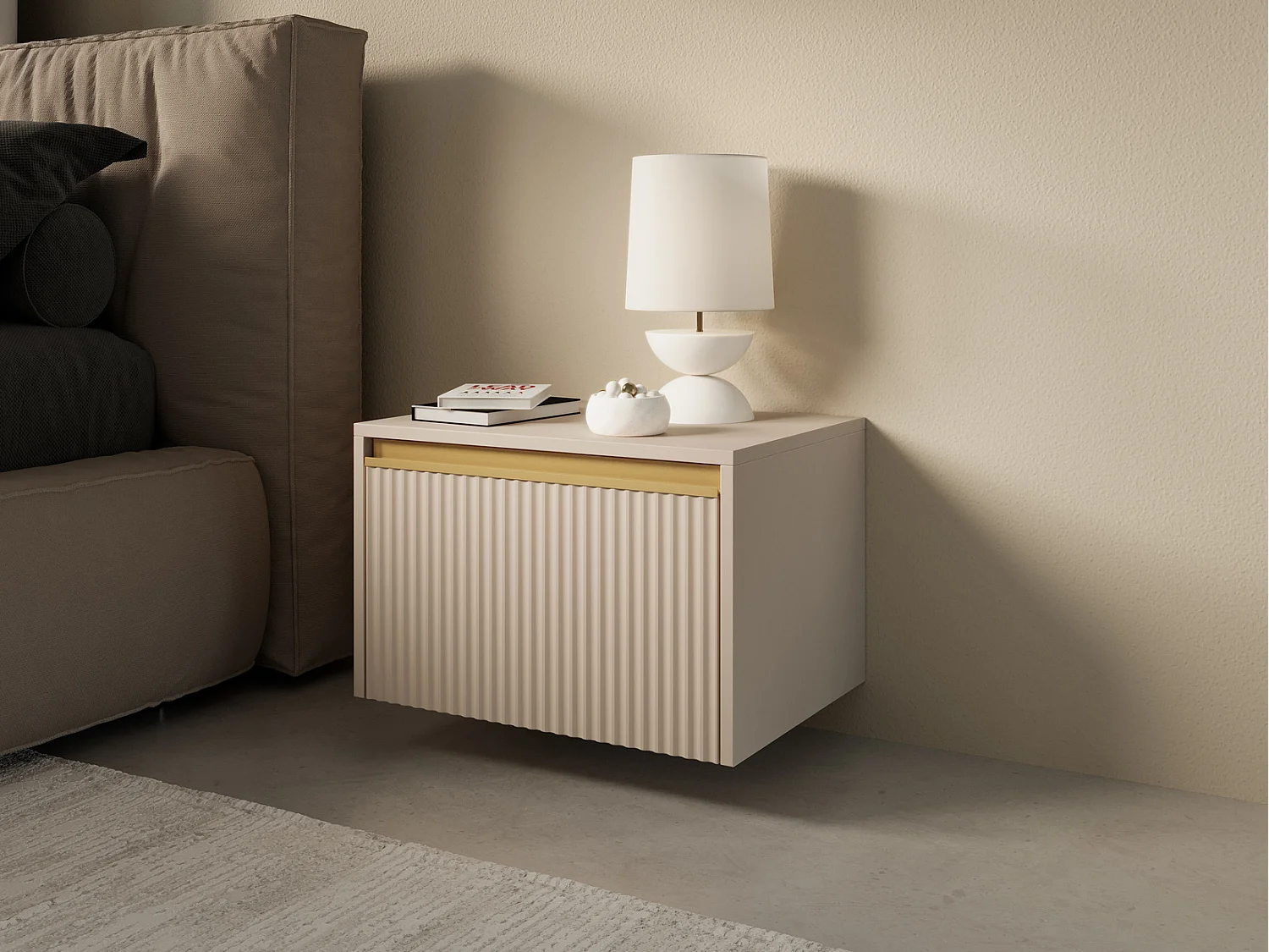 Nachtkastje 50 cm Baron, geribbelde fronten, lade, bijzettafel voor de slaapkamer - beige