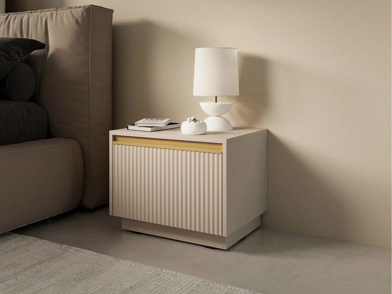Nachtkastje 50 cm Baron, geribbelde fronten, lade, bijzettafel voor de slaapkamer - beige