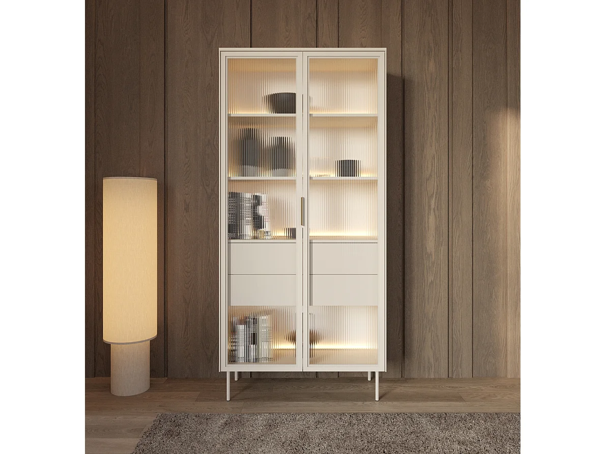 Vitrine en verre 92 cm Senzia - éclairage LED, pieds hauts - vitrine avec tiroirs, cachemire