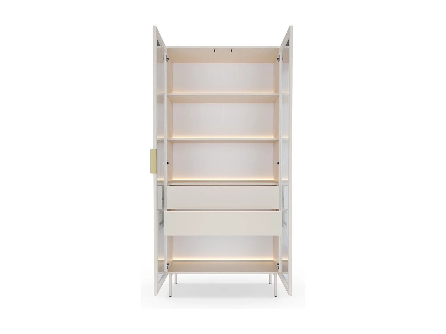 Vitrine en verre 92 cm Senzia - éclairage LED, pieds hauts - vitrine avec tiroirs, cachemire