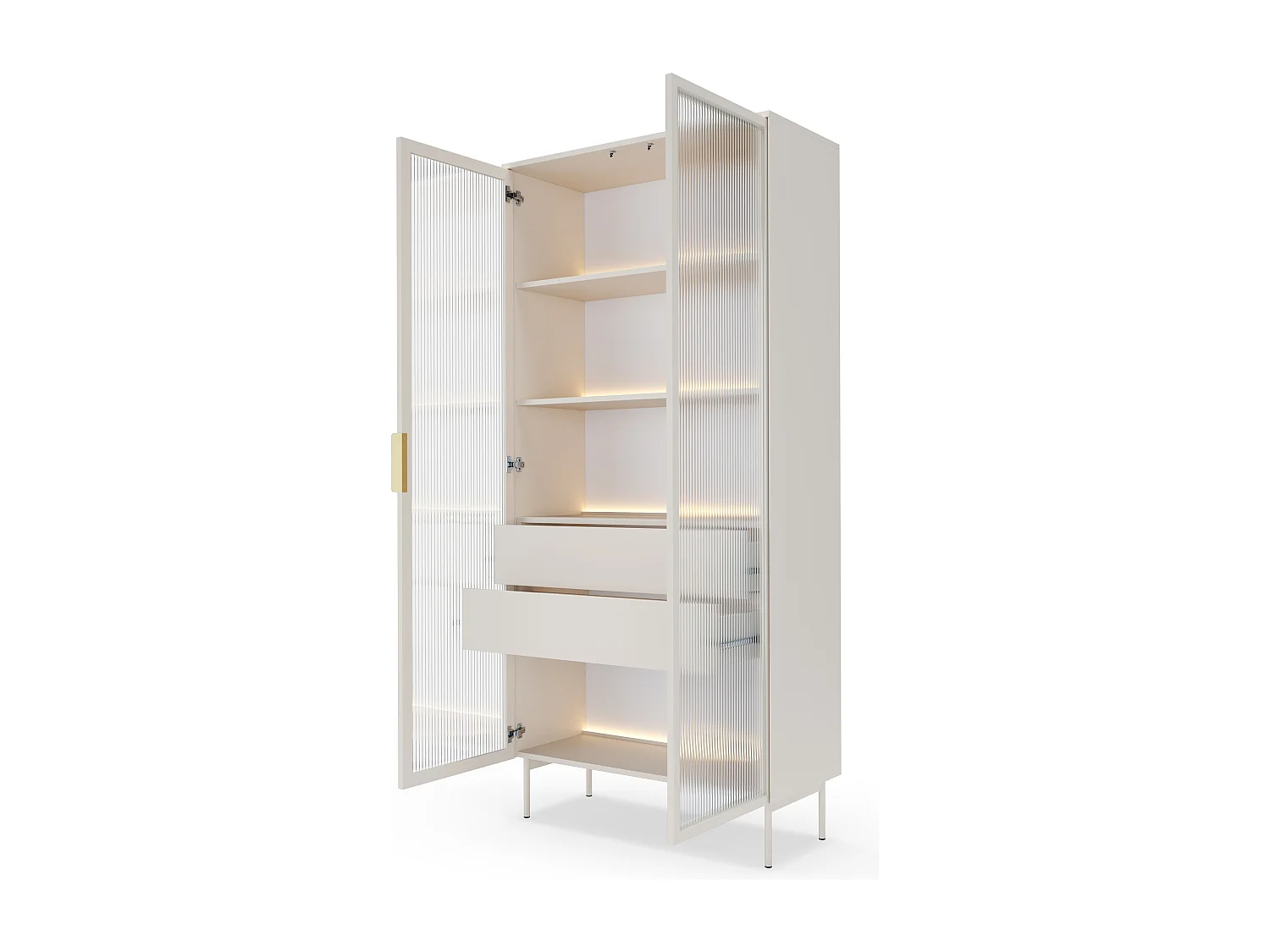 Vitrine en verre 92 cm Senzia - éclairage LED, pieds hauts - vitrine avec tiroirs, cachemire