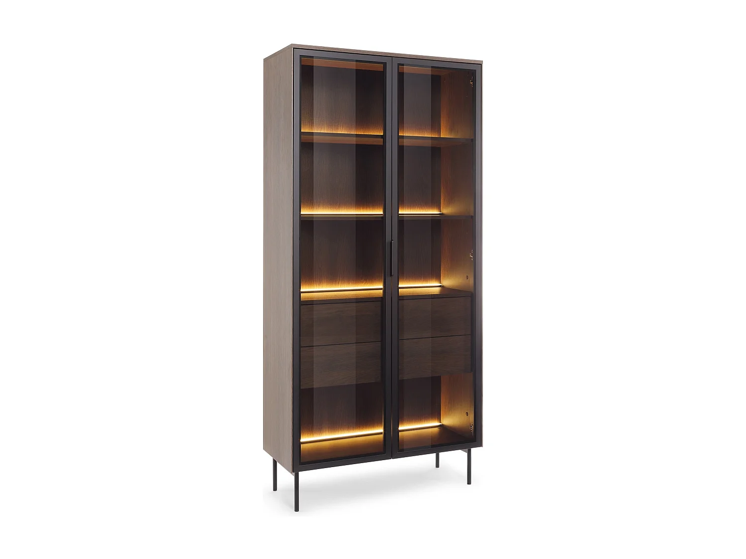 Vitrine en verre 92 cm Senzia - éclairage LED, pieds hauts - vitrine avec tiroirs, chêne Dunin