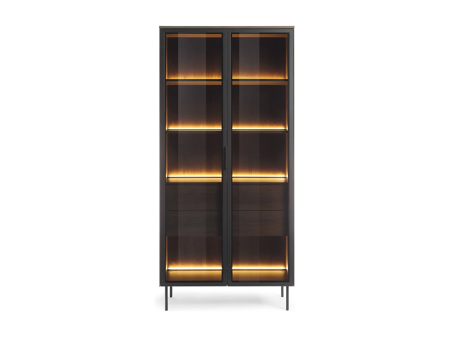 Vitrine en verre 92 cm Senzia - éclairage LED, pieds hauts - vitrine avec tiroirs, chêne Dunin