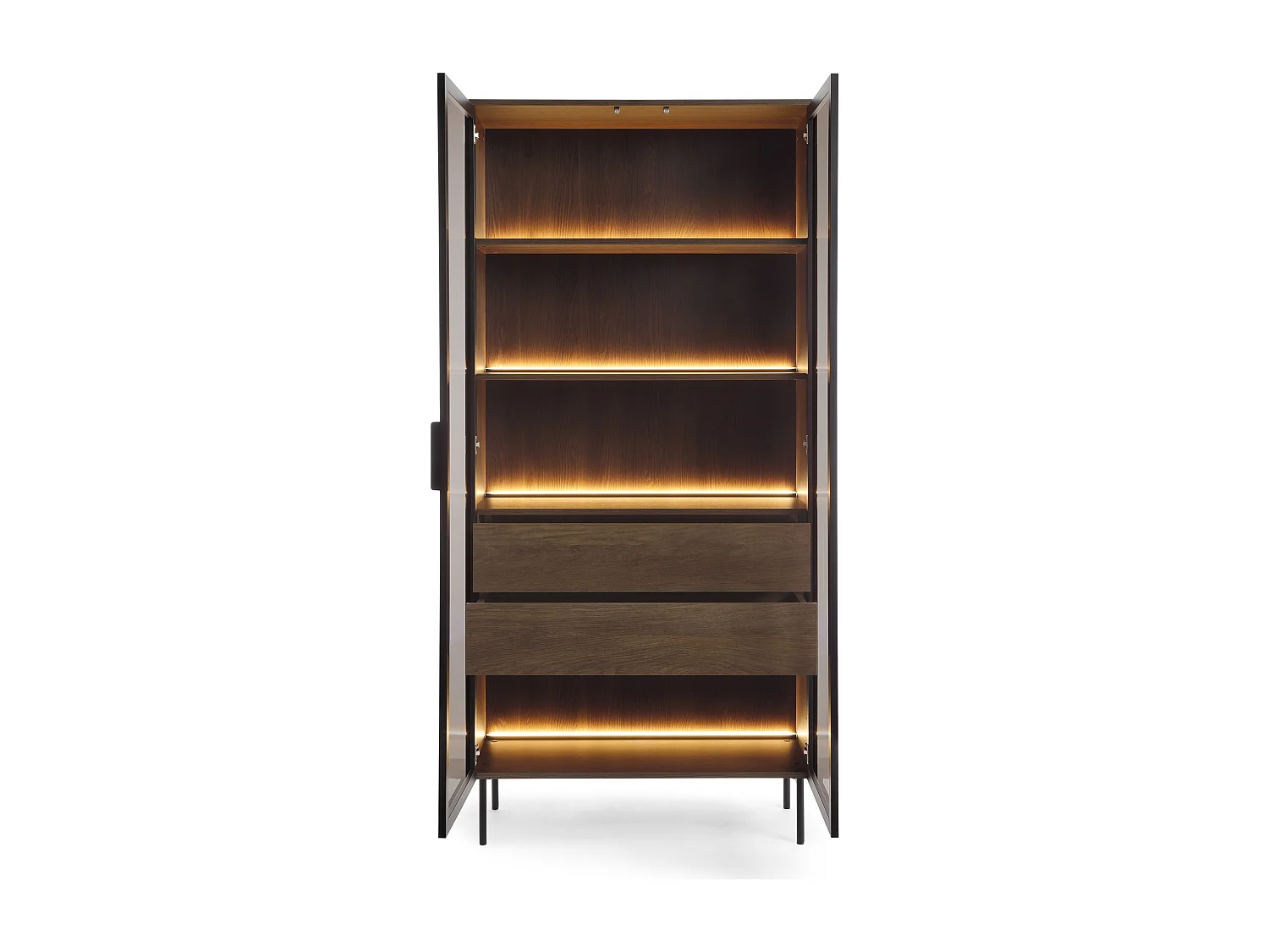 Vitrine en verre 92 cm Senzia - éclairage LED, pieds hauts - vitrine avec tiroirs, chêne Dunin