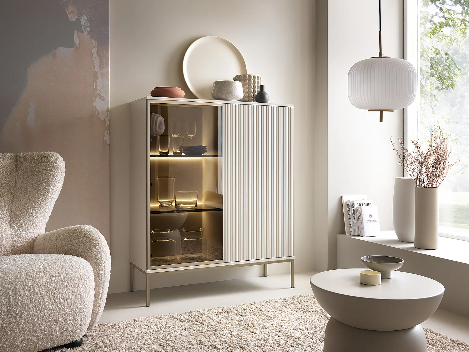 Vitrine en verre loft avec éclairage LED Haller - Commode 100 cm, 2 Portes, Loft, Industriel, Cachemire