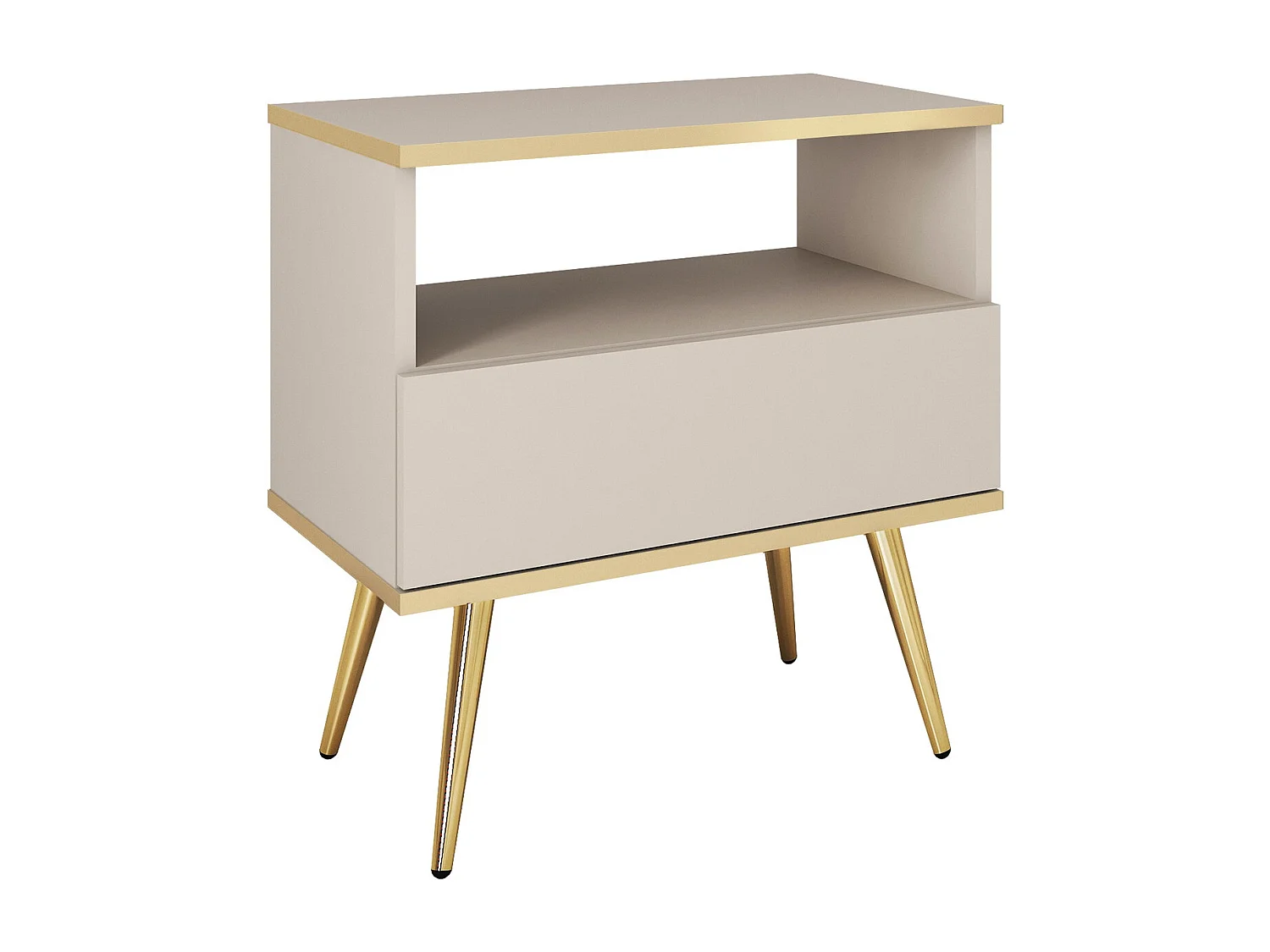 Nachtkastje 50 cm Rodi voor de slaapkamer, nachttafel met lade, op poten, beige + goud
