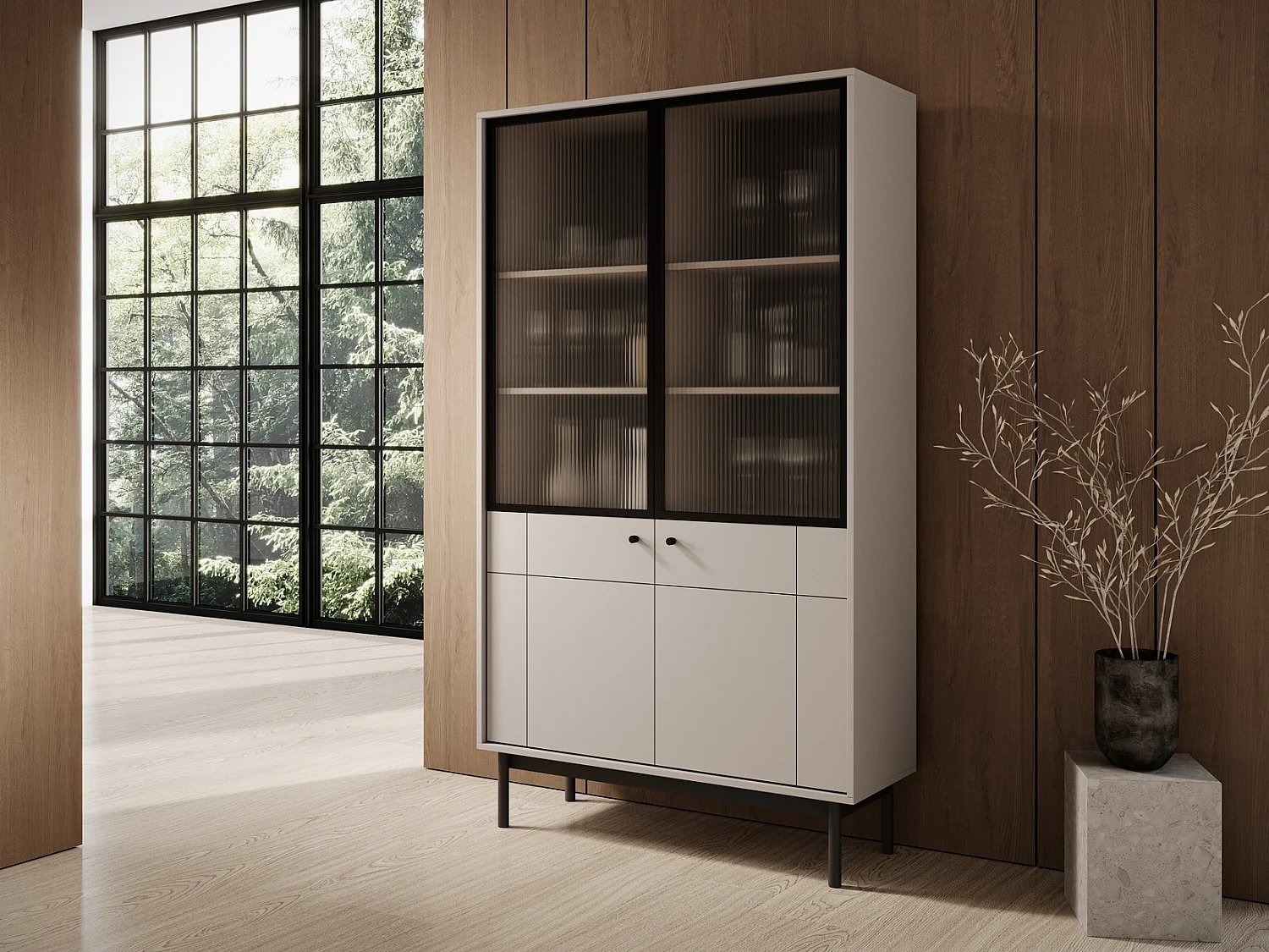 Glazen vitrinekast 100 cm Lunaris, geribbeld glas, 2-deurs vitrinekast op poten - kasjmier