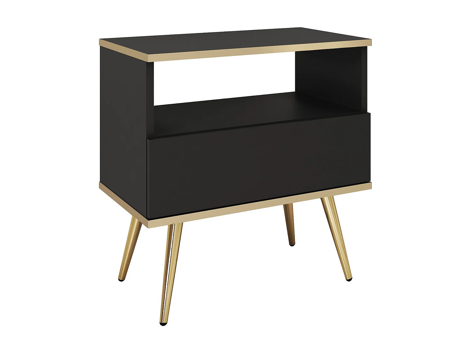 Table de chevet 50 cm Rodi pour chambre, chevet avec tiroir, sur pieds, noir + or