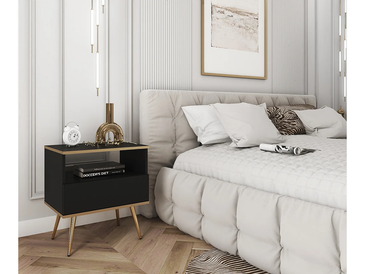 Table de chevet 50 cm Rodi pour chambre, chevet avec tiroir, sur pieds, noir + or