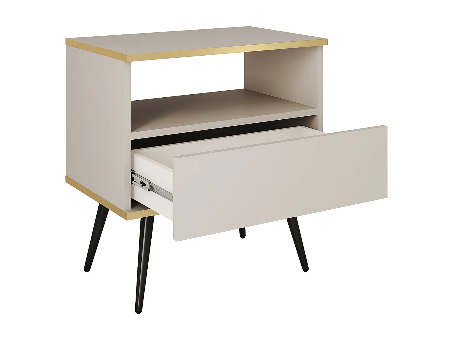 Table de chevet 50 cm Rodi pour chambre, chevet avec tiroir, sur pieds, noir + or