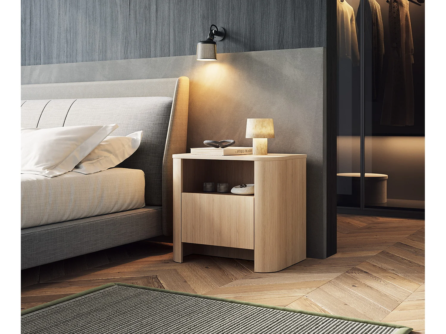 Nachtkastje met lade 60 cm Mezzano, nachtkastje voor de slaapkamer - Vicenza eiken