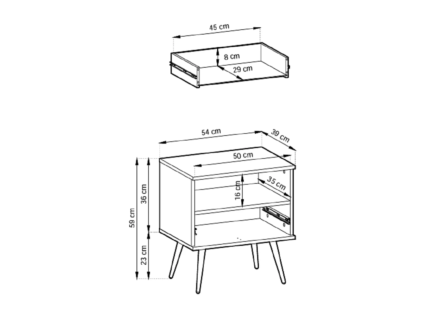 Table de chevet 50 cm Rodi pour chambre, chevet avec tiroir, sur pieds, noir