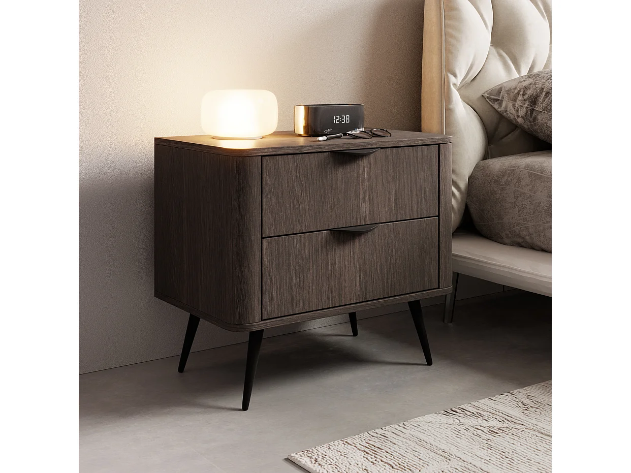 Table de chevet avec tiroirs Estera - pieds noirs, table de nuit 65 cm pour la chambre - bois foncé, chêne Dunin