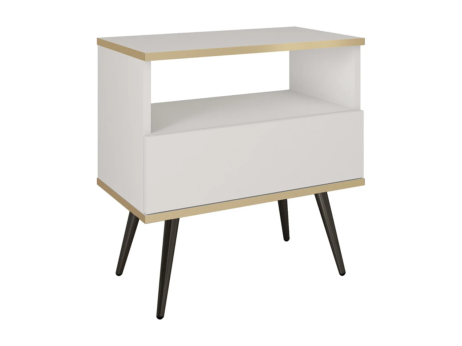 Table de chevet 50 cm Rodi pour chambre, chevet avec tiroir, sur pieds, blanc + noir