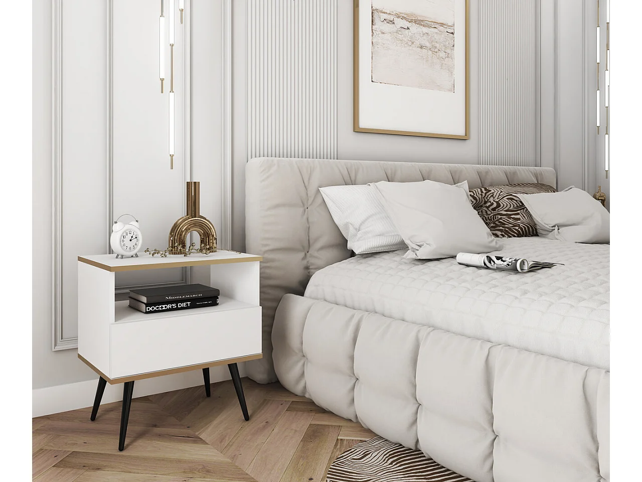 Table de chevet 50 cm Rodi pour chambre, chevet avec tiroir, sur pieds, blanc + noir