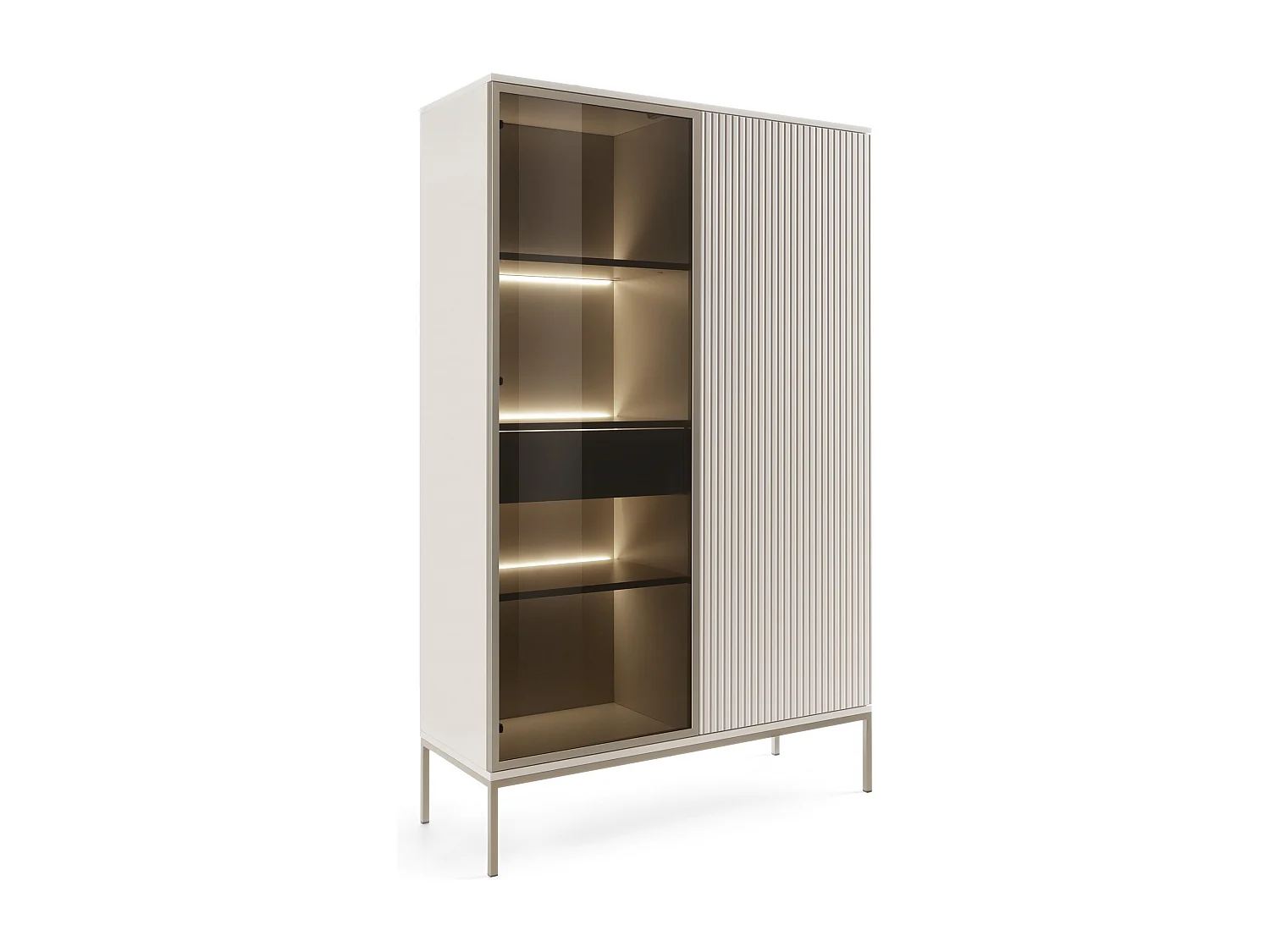 Vitrine 160 cm Haller - Commode loft, Vitrine avec éclairage LED, 2 Portes, Loft, Industriel, Cachemire
