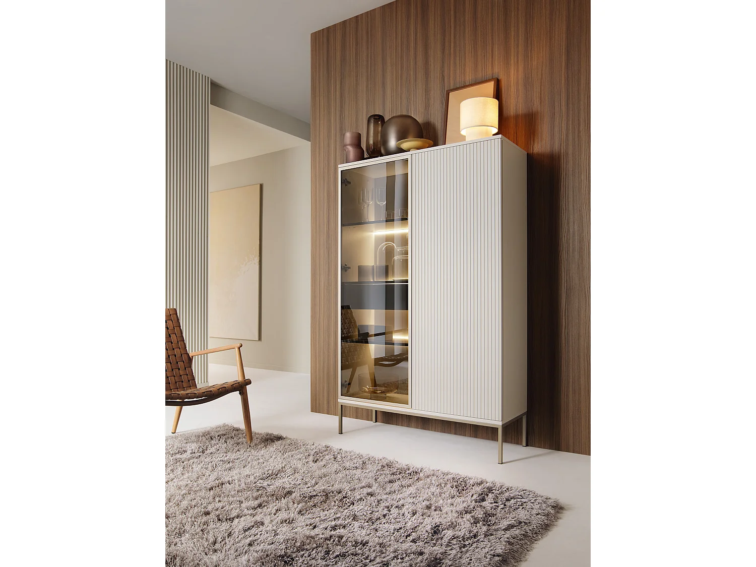 Vitrine 160 cm Haller - Commode loft, Vitrine avec éclairage LED, 2 Portes, Loft, Industriel, Cachemire