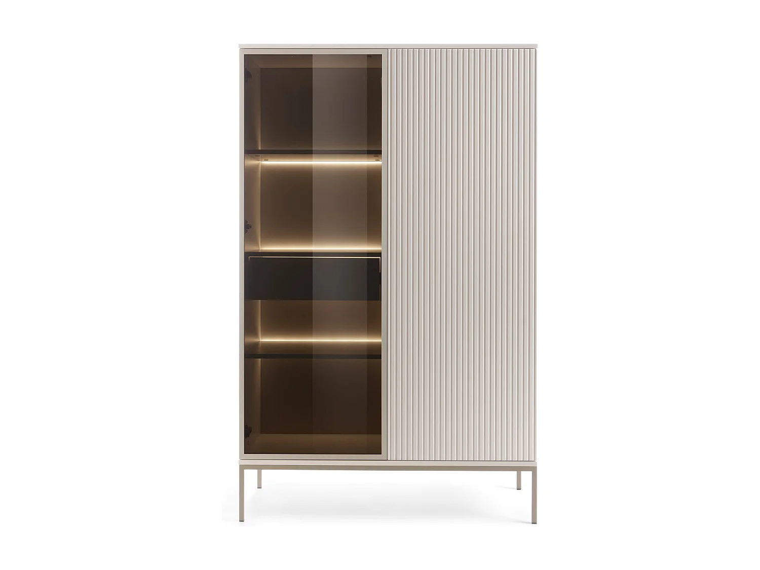 Vitrine 160 cm Haller - Commode loft, Vitrine avec éclairage LED, 2 Portes, Loft, Industriel, Cachemire