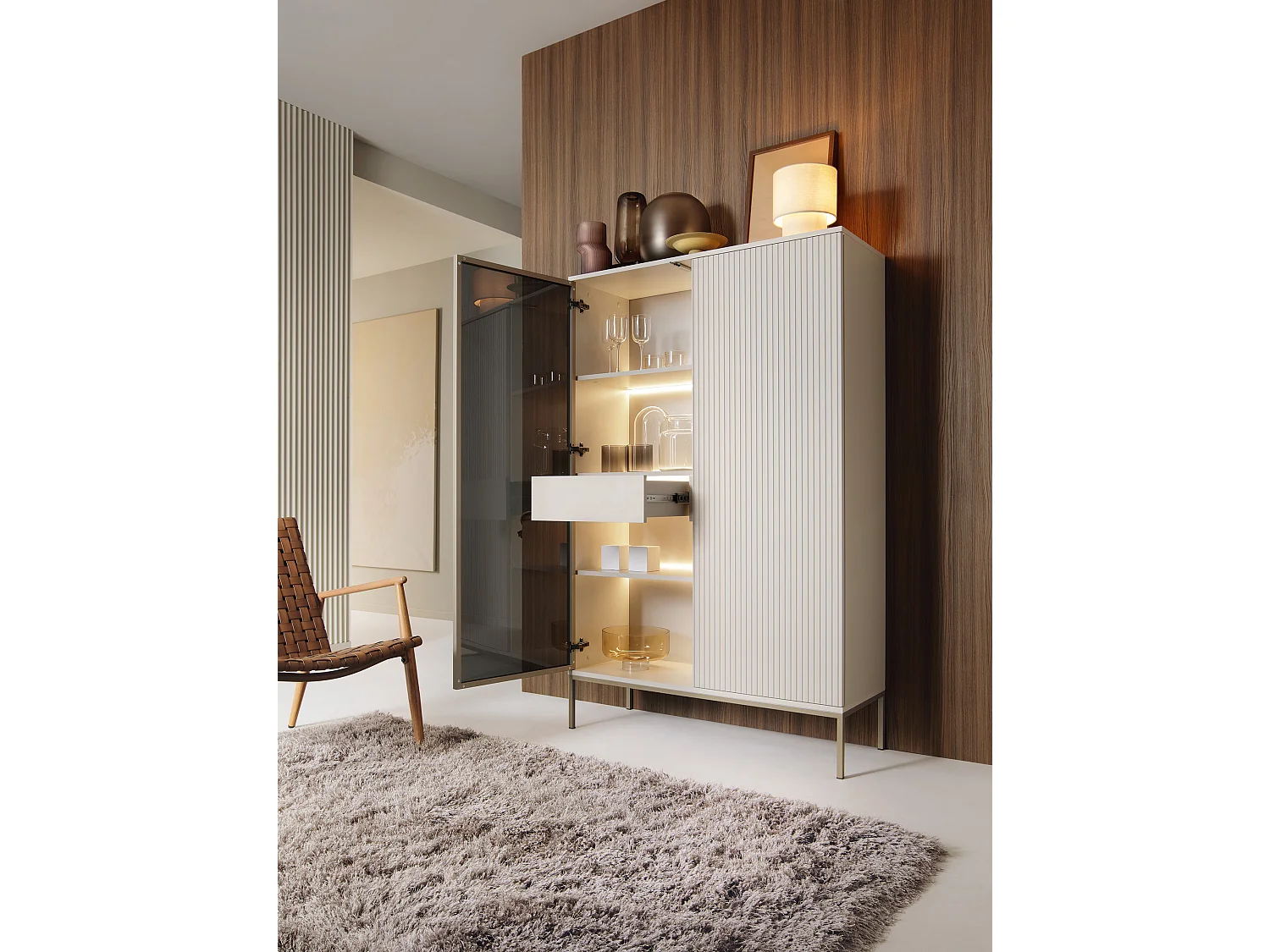Vitrine 160 cm Haller - Commode loft, Vitrine avec éclairage LED, 2 Portes, Loft, Industriel, Cachemire