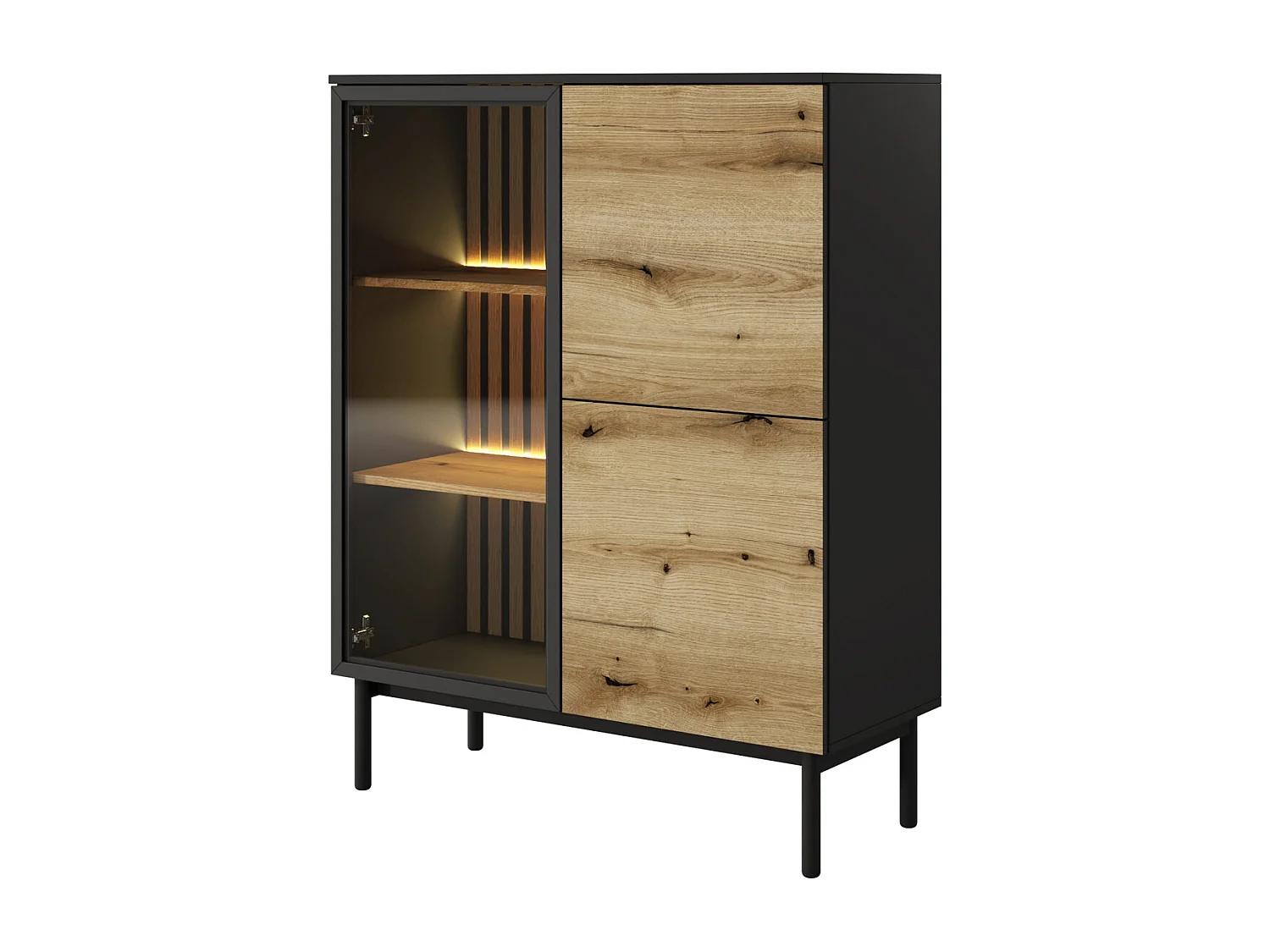 Vitrine 2 portes Jotare - éclairage LED, pieds noirs, vitrine 100 cm - chêne Evoke