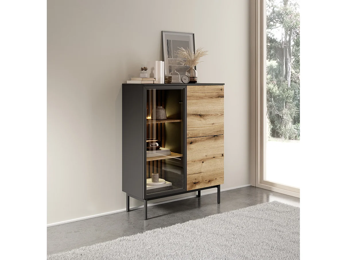 Vitrine 2 portes Jotare - éclairage LED, pieds noirs, vitrine 100 cm - chêne Evoke