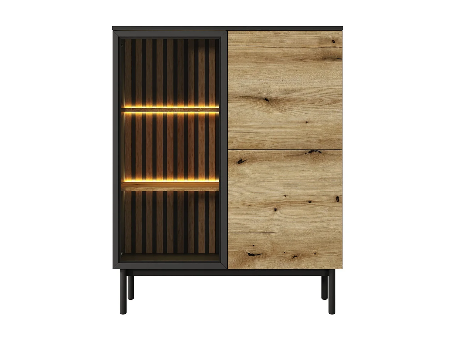 Vitrine 2 portes Jotare - éclairage LED, pieds noirs, vitrine 100 cm - chêne Evoke