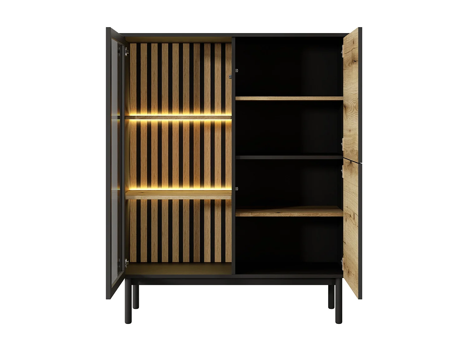 Vitrine 2 portes Jotare - éclairage LED, pieds noirs, vitrine 100 cm - chêne Evoke