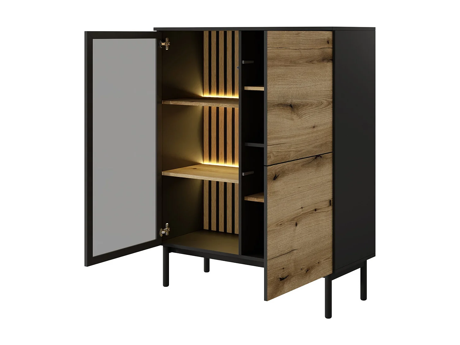 Vitrine 2 portes Jotare - éclairage LED, pieds noirs, vitrine 100 cm - chêne Evoke
