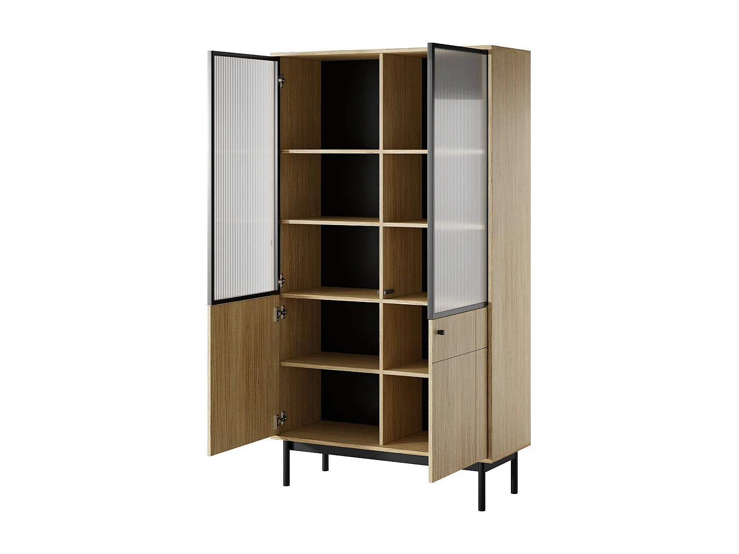 Glasvitrine 100 cm Lunaris, geriffeltes Glas, 2-türige Vitrine auf Beinen - Eiche Linea